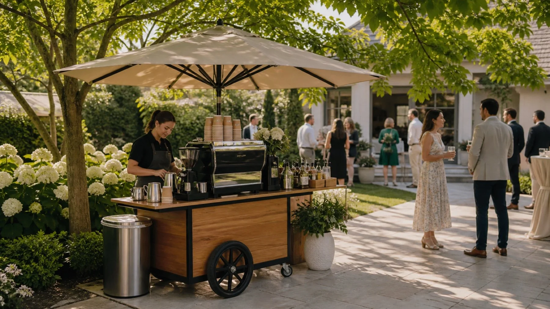Shaded mobile coffee cart set up on a level patio for a Toronto summer event