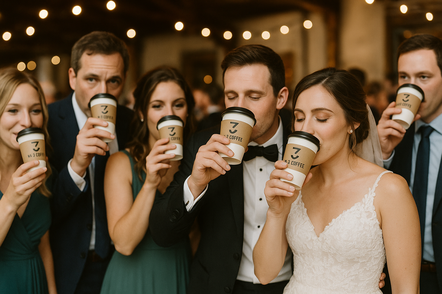 A group of people, including a bride in a wedding dress and groom in a tuxedo, are drinking coffee at a wedding reception, with string lights hanging overhead in the background.
