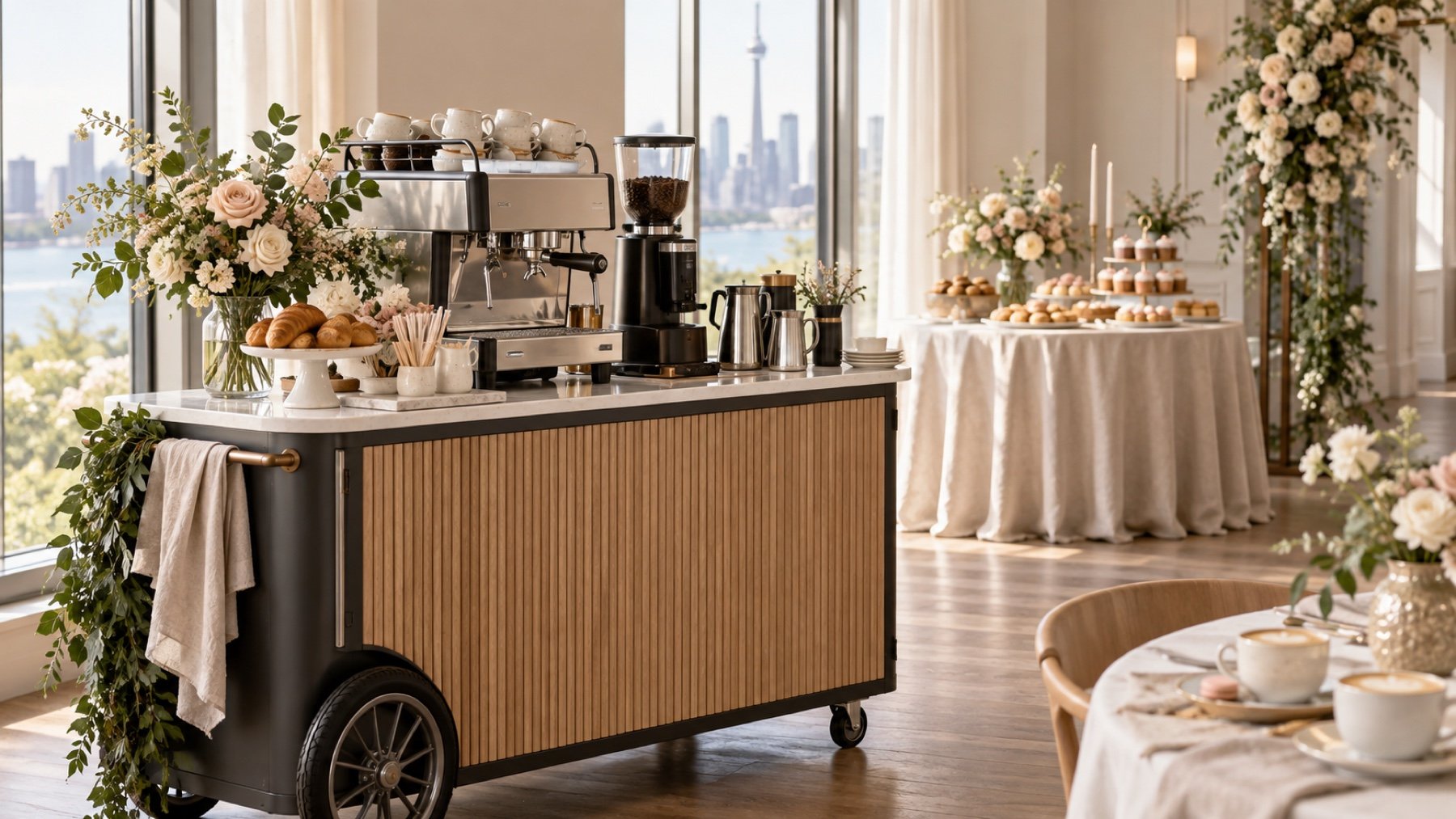 People-free coffee bar arranged for a refined bridal or baby shower with neutral decor
