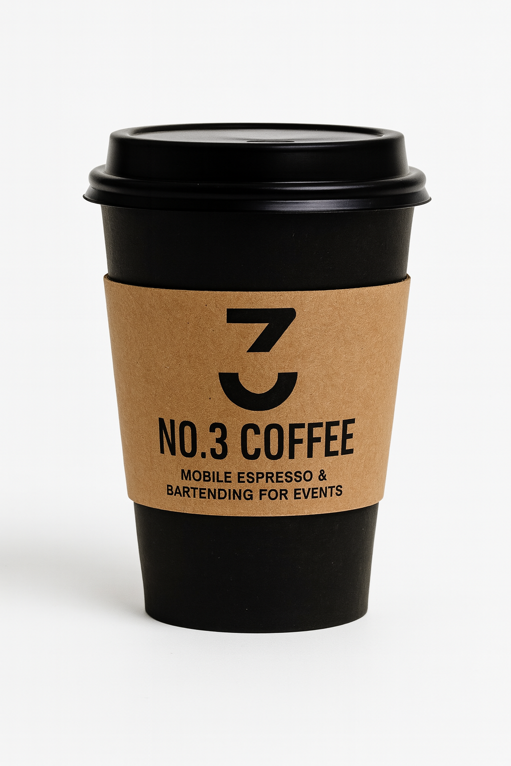Black disposable coffee cup with a brown sleeve displaying the words 'No.3 Coffee' and 'Mobile espresso & bartending for events' on a plain white background.