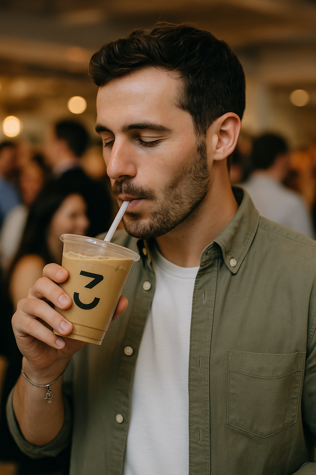 A young man with short dark hair and a beard is drinking iced coffee through a straw at a crowded indoor event.