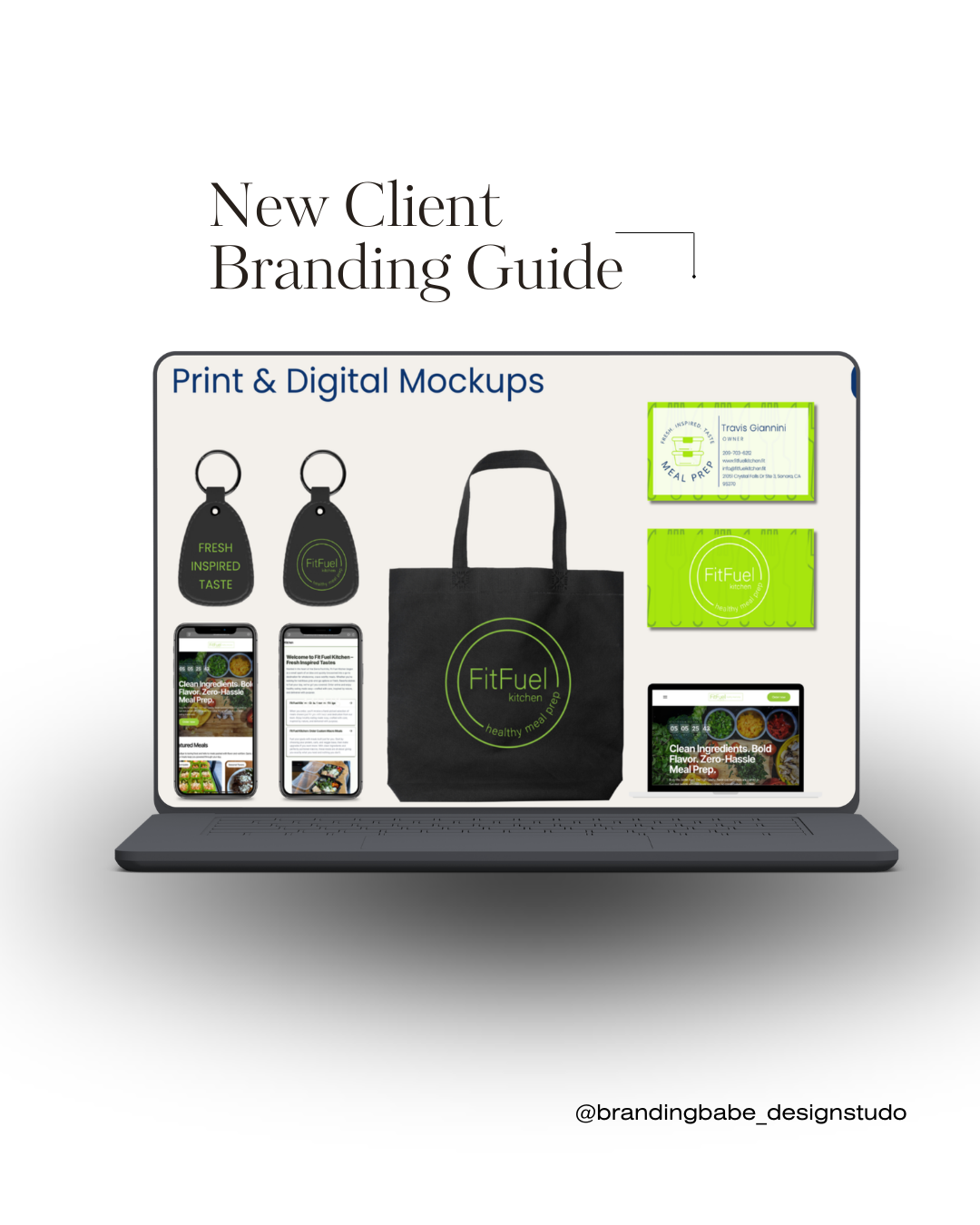 Mockups of branding materials for FitFuel, including keychains, a tote bag, business cards, a tablet, a smartphone, and a website displayed on a laptop screen.