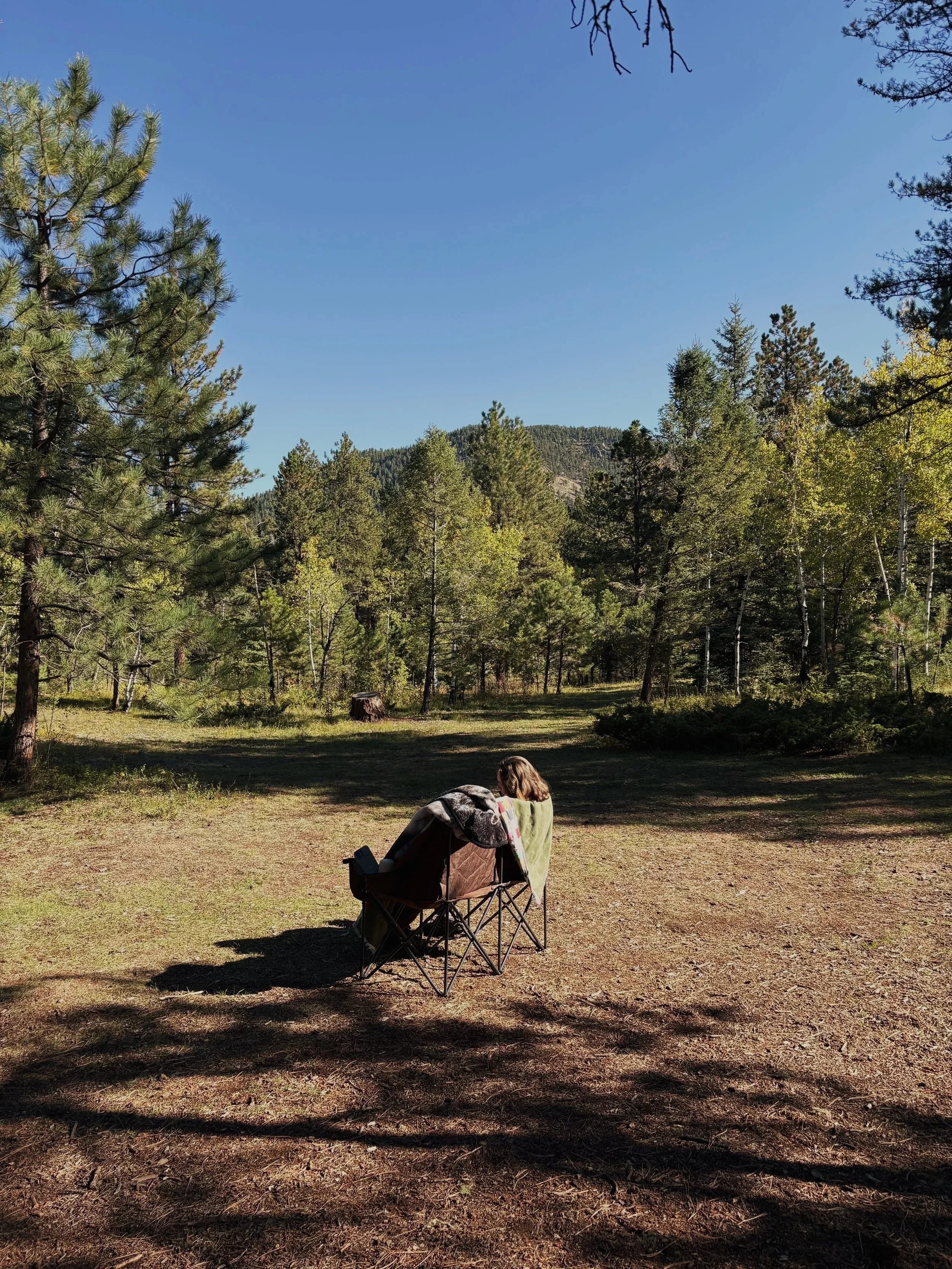 Person sitting in a camping chair in a forested area under a clear blue sky, surrounded by trees and mountains in the distance.