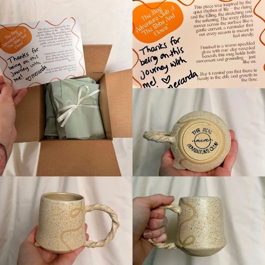 A gift box containing a handmade ceramic mug with a textured speckled beige surface and a twisted handle. The box includes a handwritten note expressing gratitude for the journey shared. The bottom of the mug has a sticker with the logo for "The Alibi Adventure Co." The background is a plain white cloth.