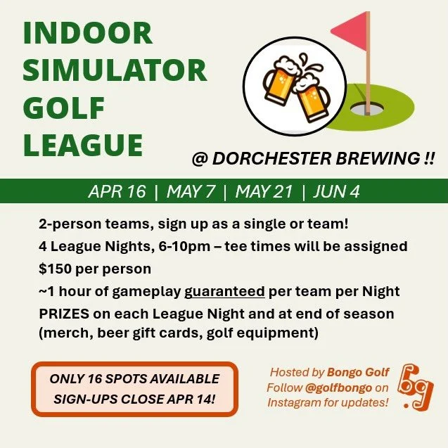 TWO WEEKS!! Our indoor golf league is coming to @dorchesterbrewing starting Thursday, April 16. And running (almost) every other Thursday into early June. Find your team (or sign up as a single) and start warming up! Team scramble format with prizes 