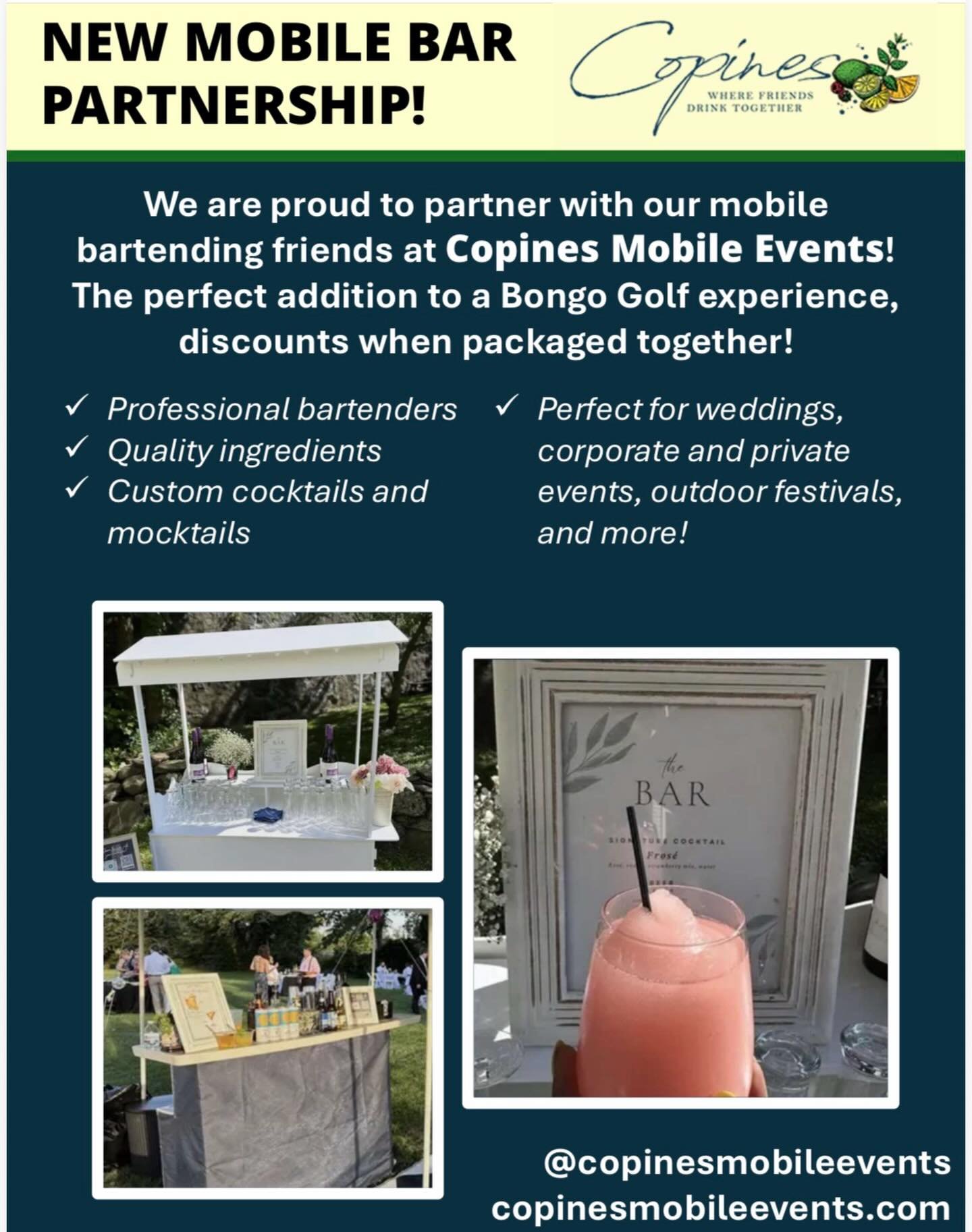 Partnership Wednesday! ⛳️ 🤝 🍹

What&rsquo;s the perfect addition to a Bongo Golf experience?? A mobile bar slinging tasty cocktails and mocktails to set the vibe! Proud to announce our partnership with @copinesmobileevents ! Copines brings friendly