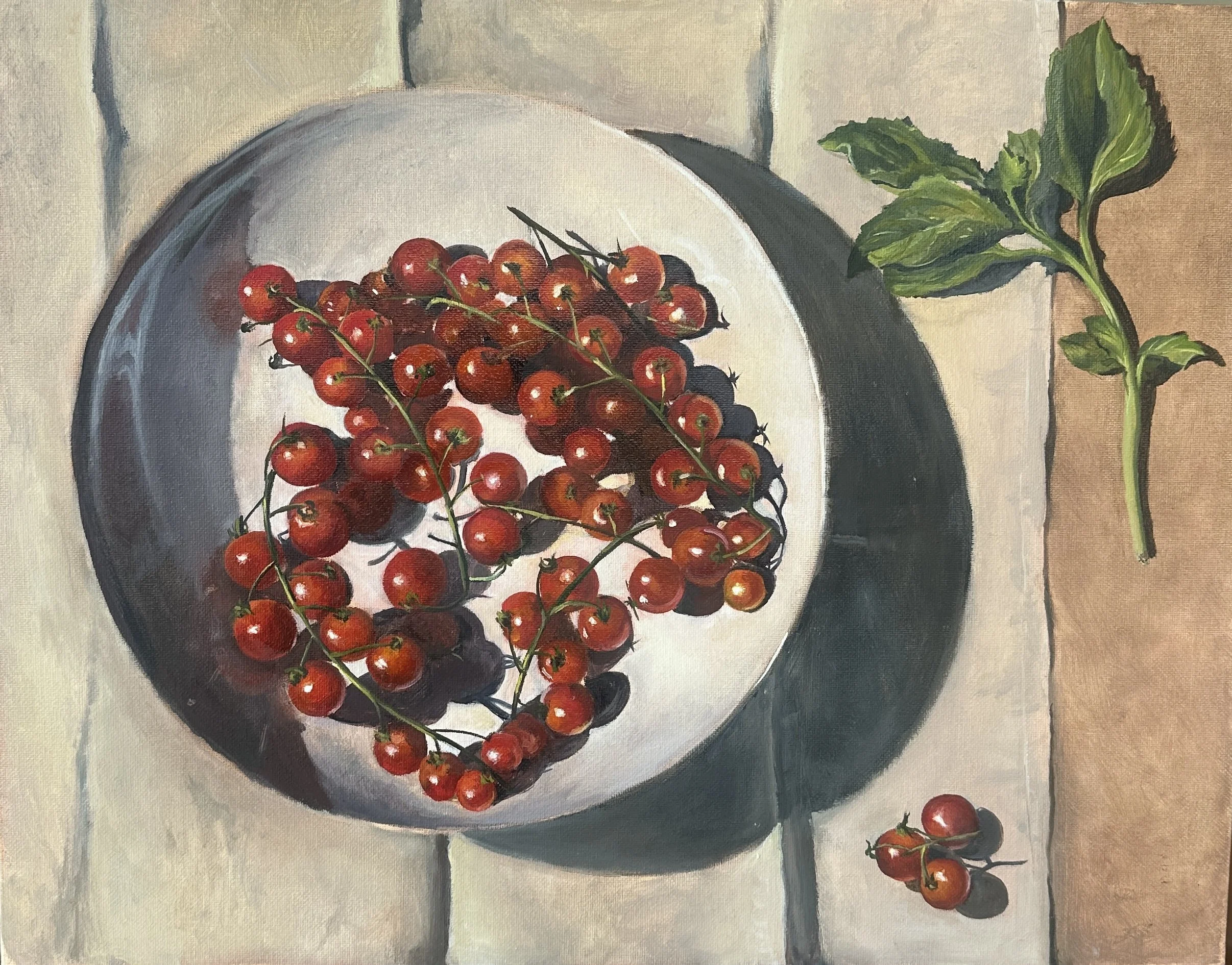 Painting of red tomatoes in a white bowl on a gray surface with a green leaf and stem nearby.
