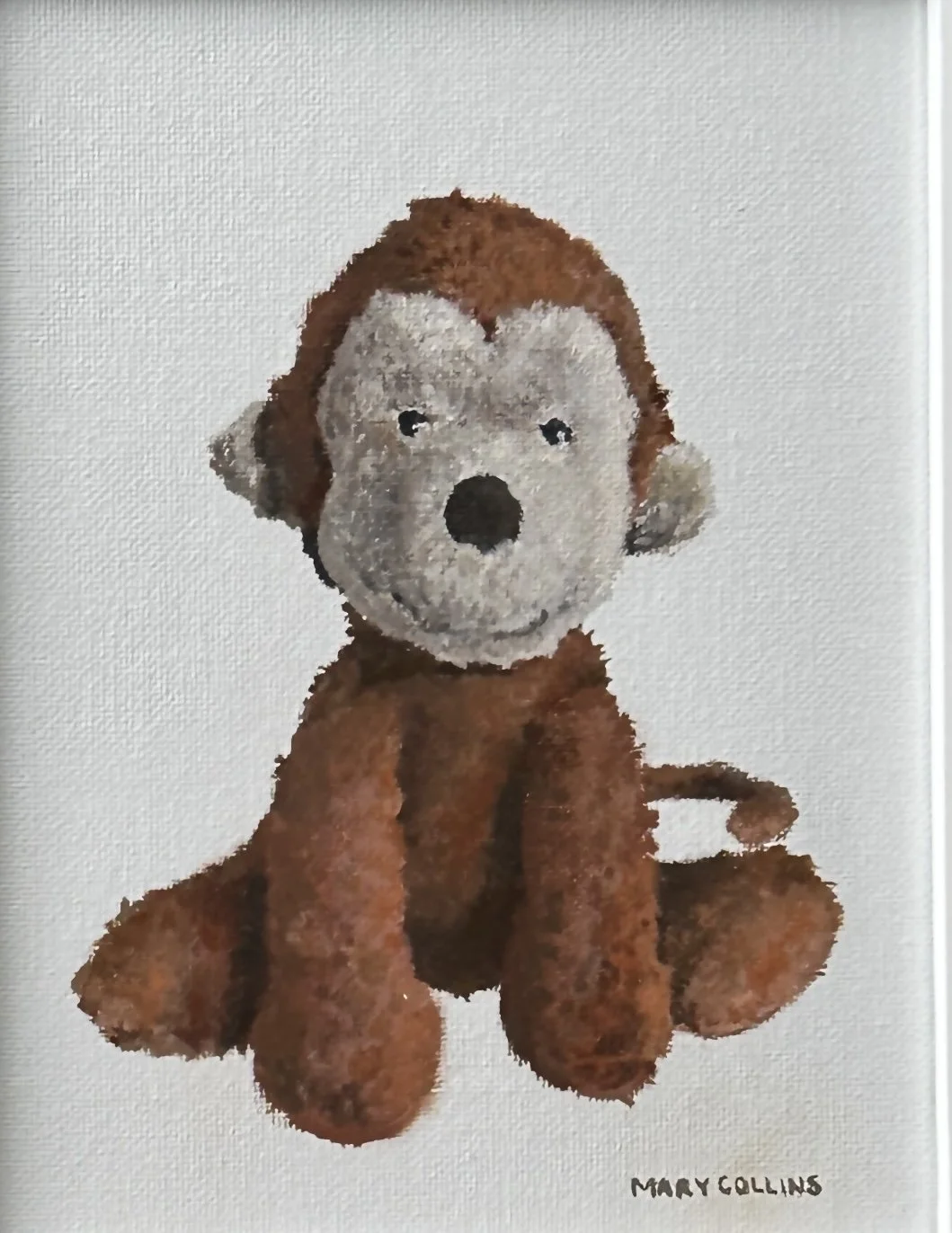 A watercolor painting of a brown and gray puppy with a large head, sitting on a white background. The puppy has black eyes, a black nose, and floppy ears. The artist's signature, 'Mary Collins,' is at the bottom.