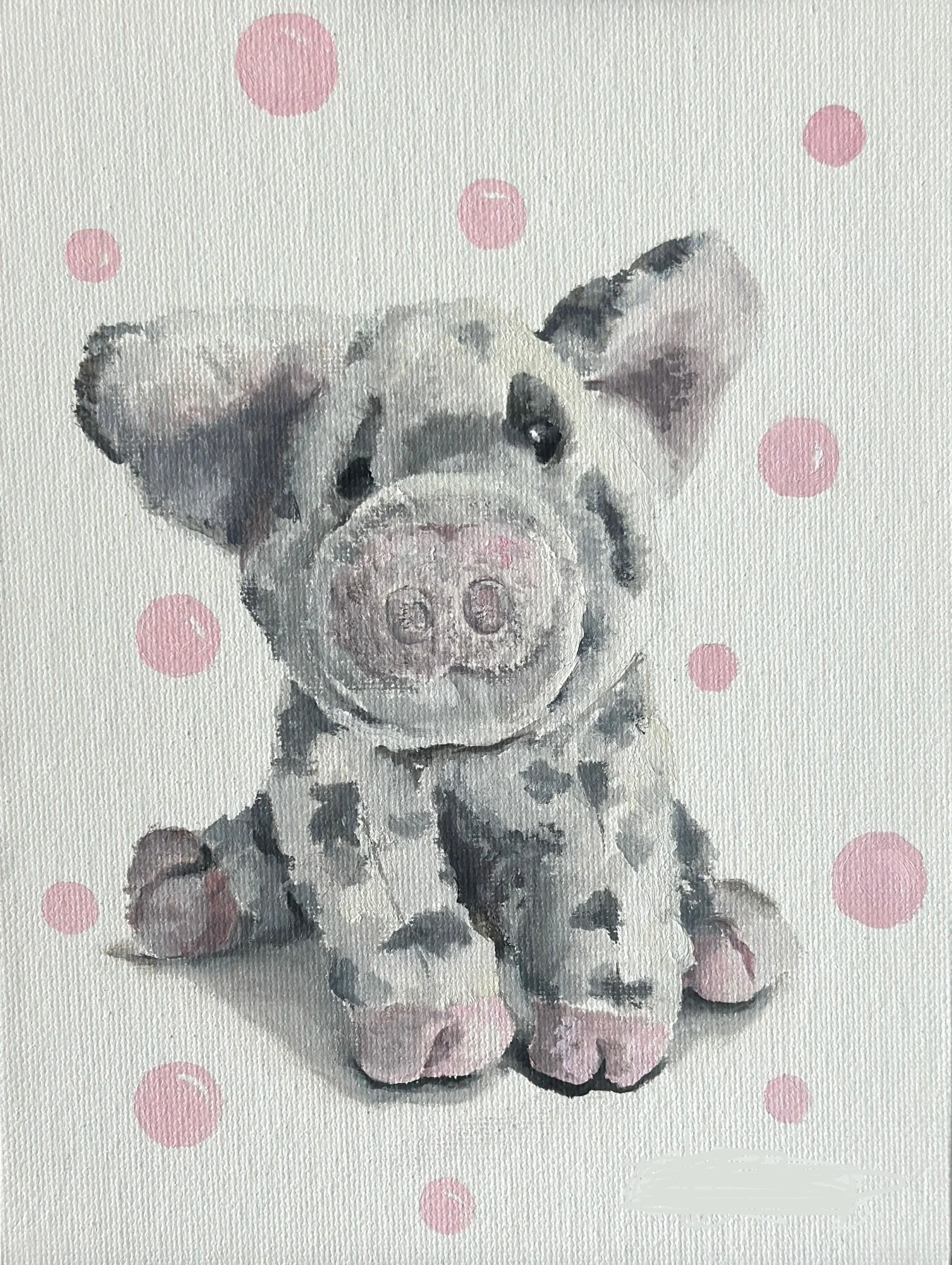Watercolor painting of a cute piglet with pink spots on gray and white fur, sitting against a background with pink polka dots.