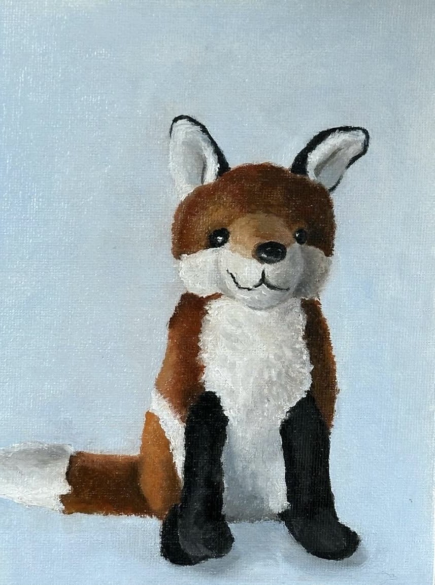 Painting of a plush-like toy fox with brown, white, and black fur, sitting against a light blue background.