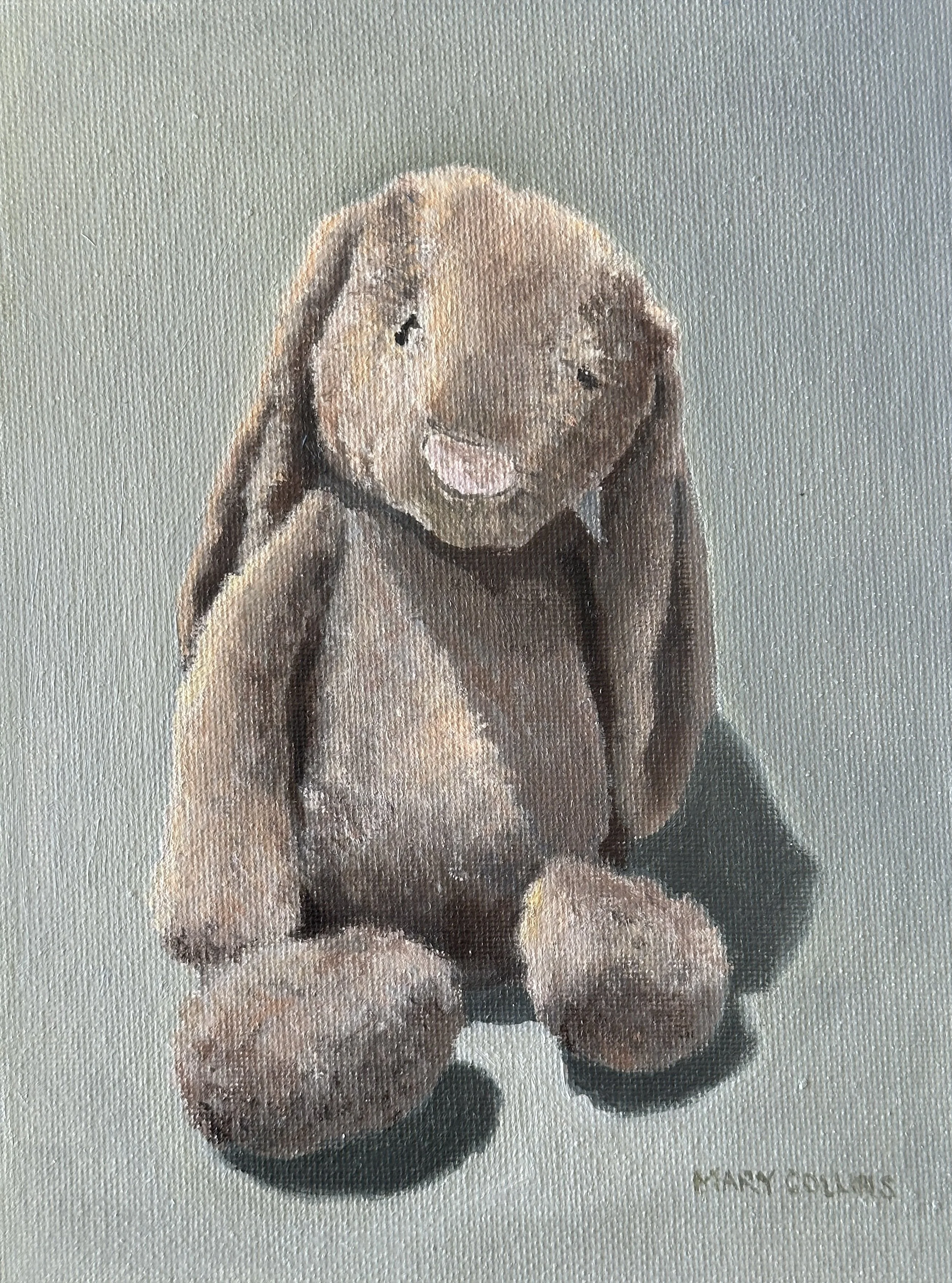Painting of a brown puppy with droopy ears, sitting with two fur balls in front, against a gray background.