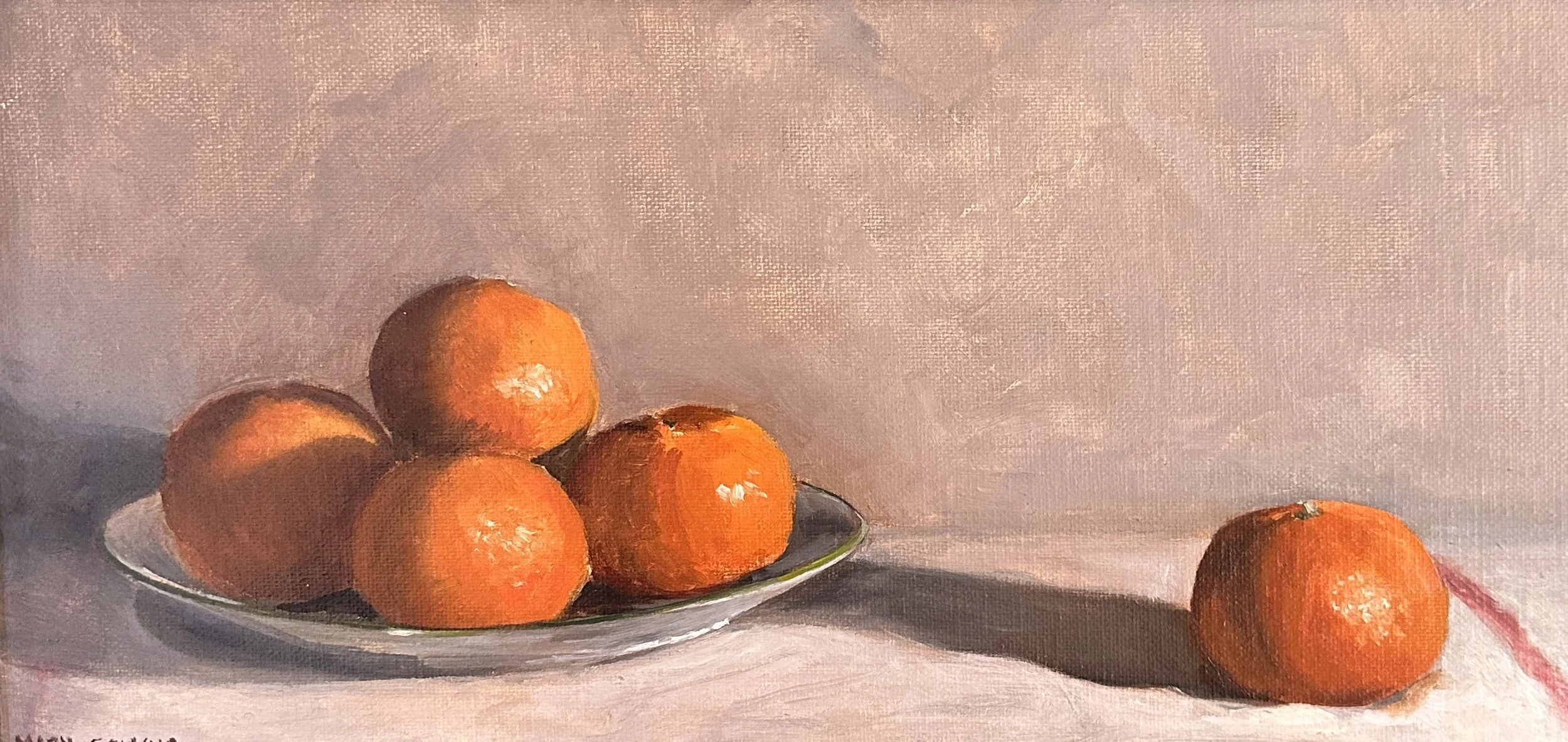 A still life painting of five oranges, four placed on a white plate and one set apart on the right, with shadows cast on a pinkish surface and background.