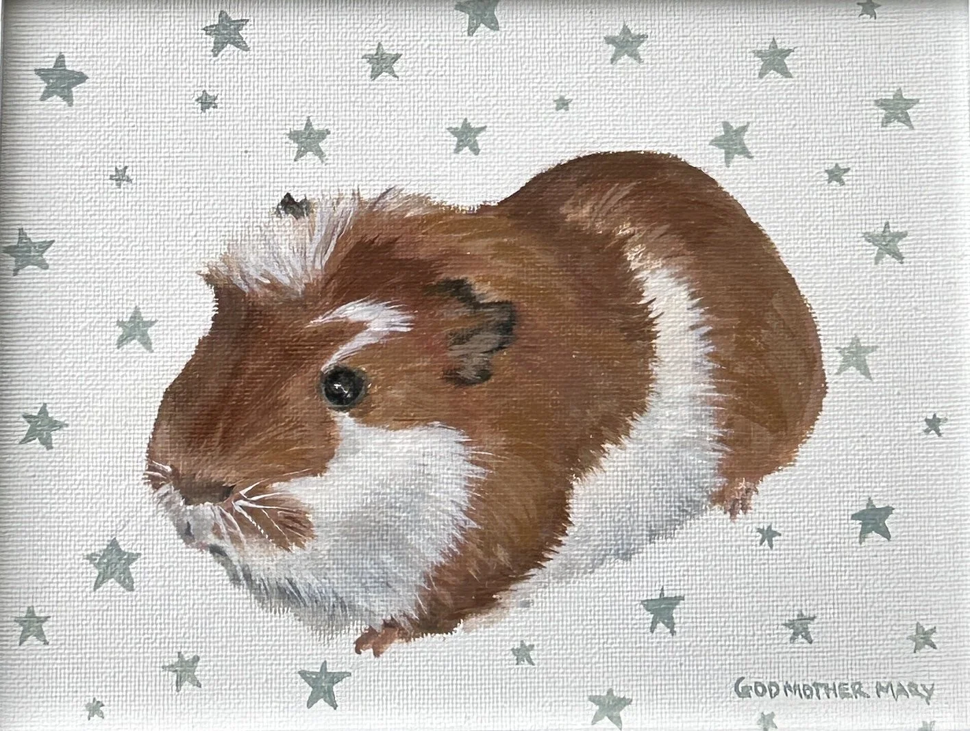 Painting of a guinea pig with brown and white fur, surrounded by green stars on a white background, signed 'God Mother Mays'.