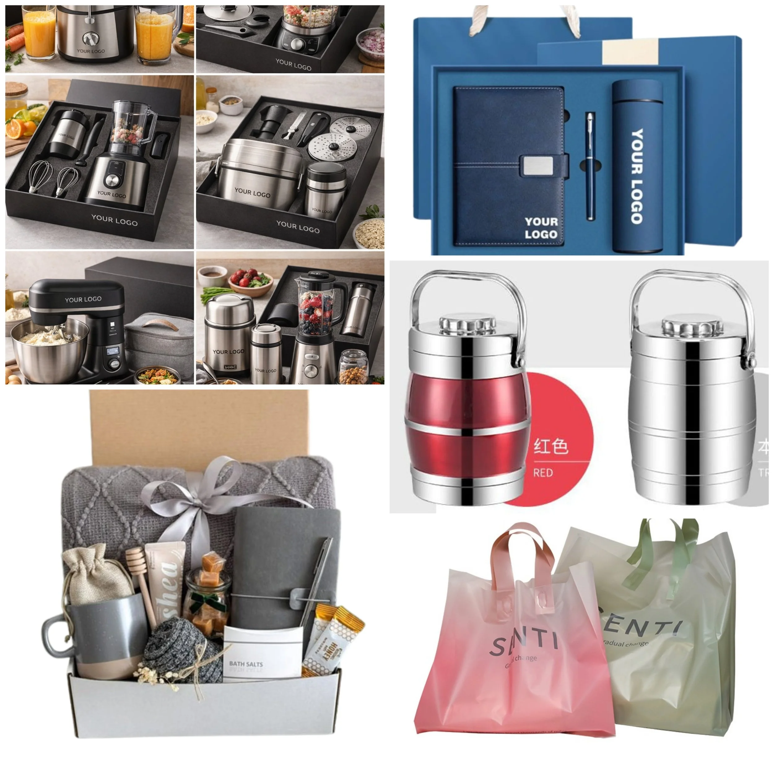 A collage showing various items including knitted hats, sandals, colorful textiles, patterned fabrics, books about divine principles and patterns, gift bags, thermos bottles, and decorative framed prints.