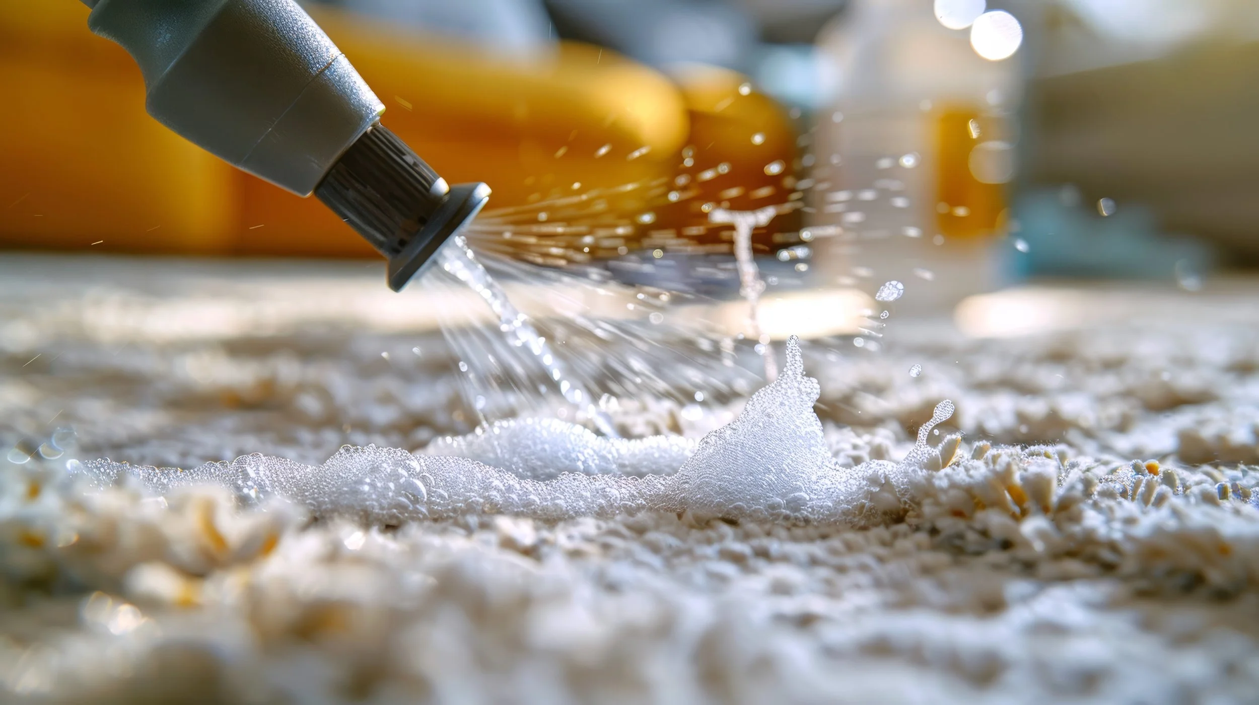 Close-up of a sprinkler spraying water onto crushed grains or cereal on a surface, with a blurred background of yellow and blue objects.