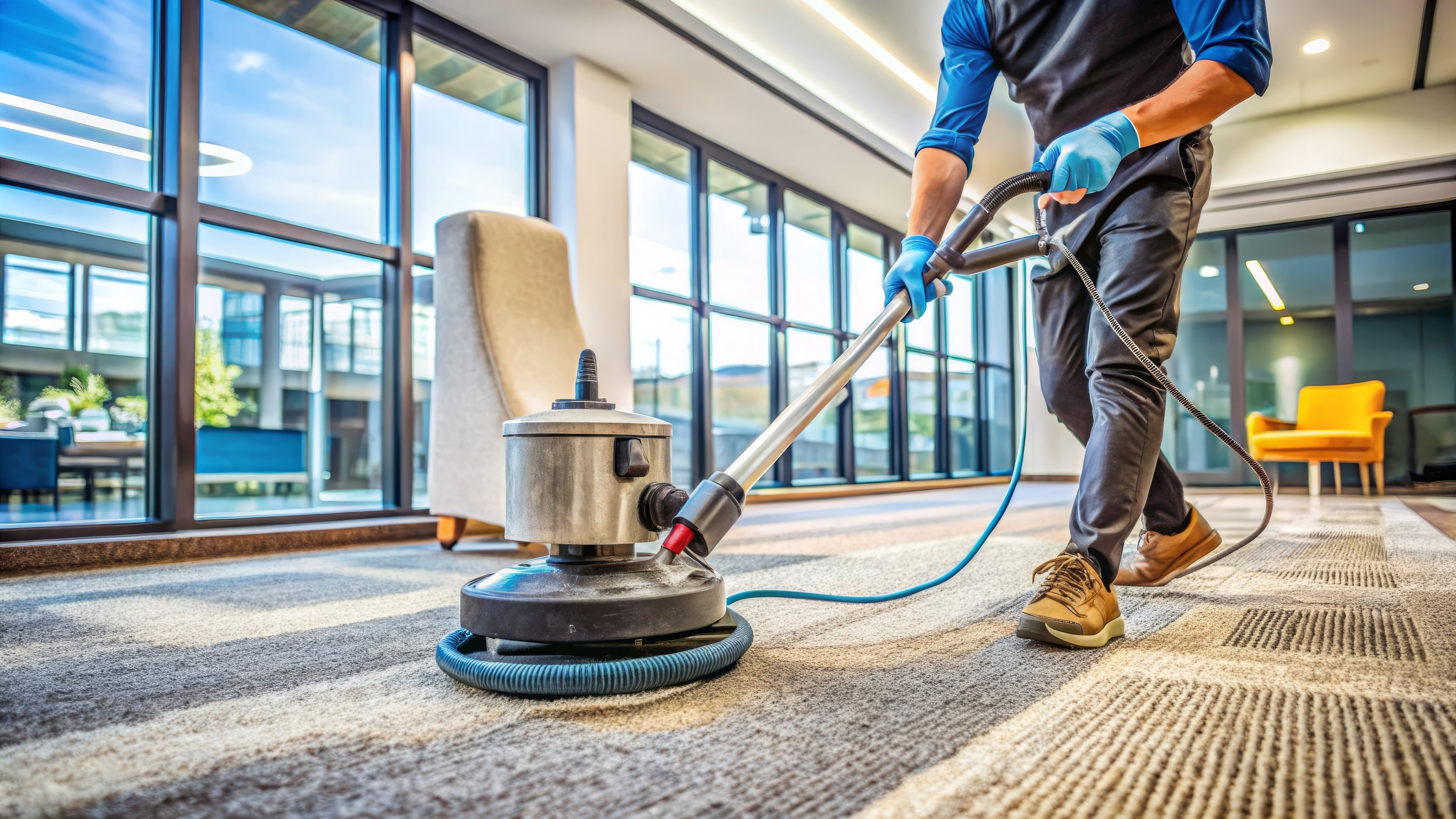 A person in a black apron and yellow shoes using professional carpet cleaning equipment in a bright, modern office with large windows and colorful chairs.
