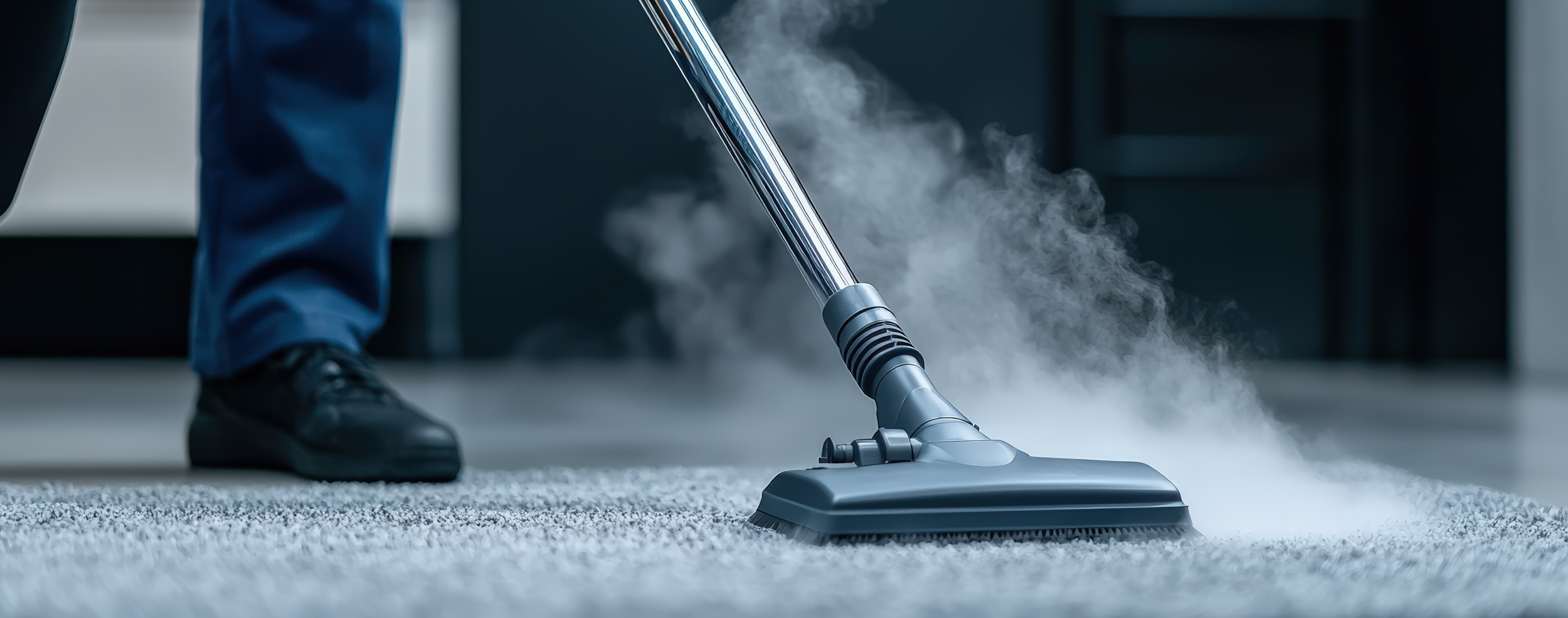 Person in blue pants and black shoes professionally steam cleaning a carpet with a steam cleaner.