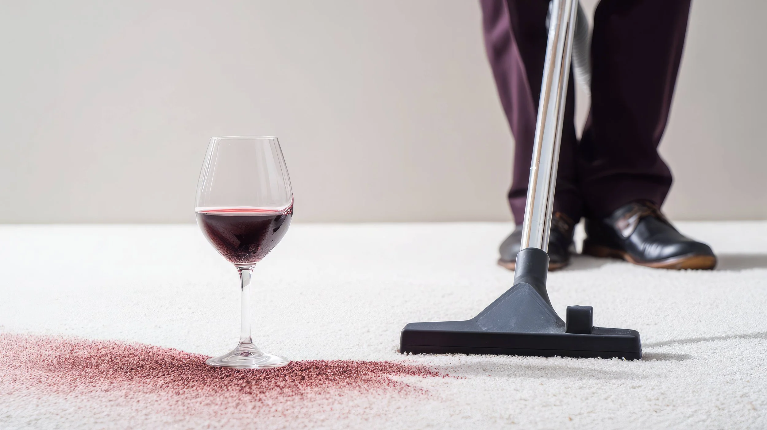 A glass of red wine on a white carpet, with a person in dress shoes and dark trousers sweeping or cleaning the carpet with a vacuum cleaner.