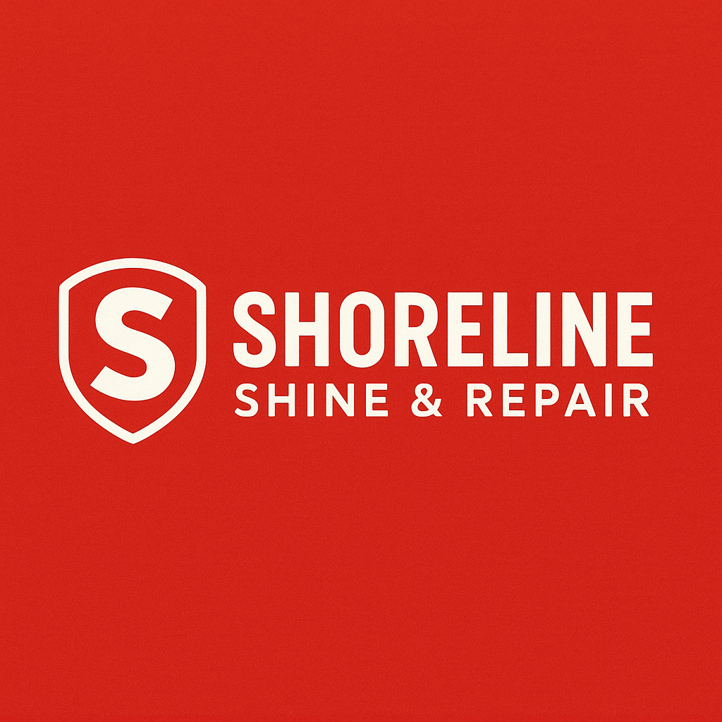 Shoreline Shine & Repair logo with a white shield emblem containing the letter 'S' on a red background.