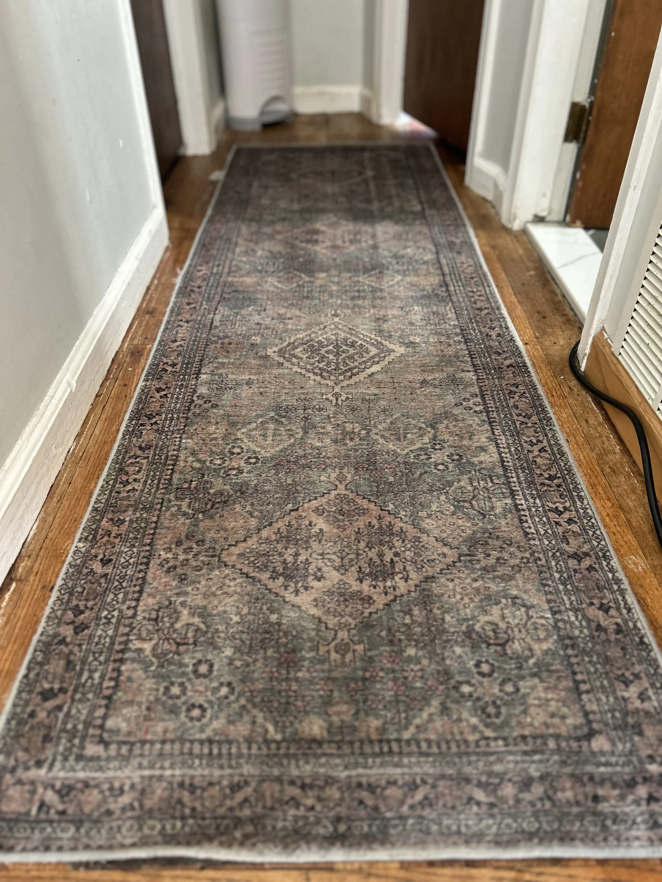 Person professionally cleaning a gray carpet with a vacuum cleaner in a living room.