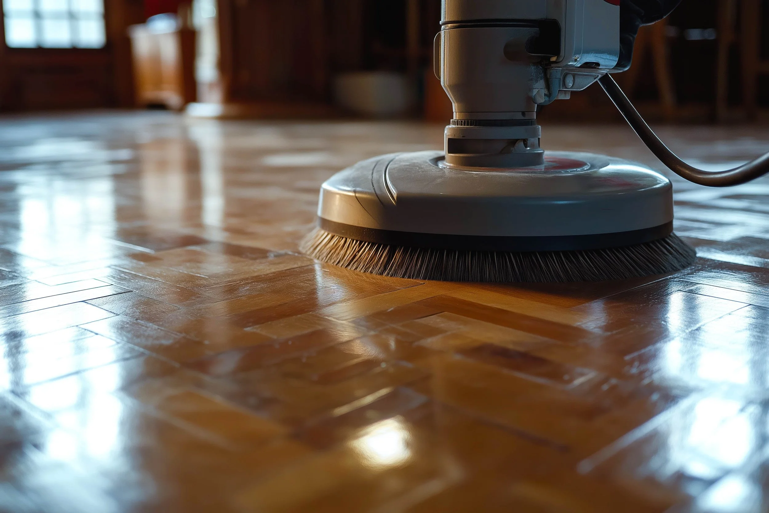 Close-up of a floor cleaning machine on a polished wooden floor.