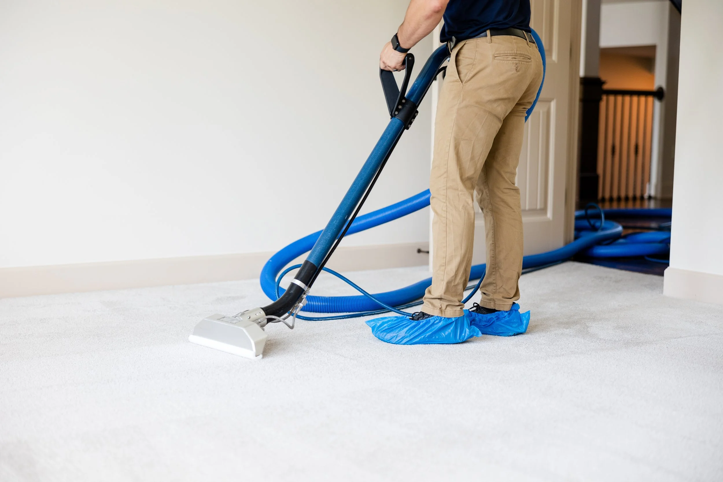 Person cleaning carpet with a vacuum cleaner wearing blue shoe covers.