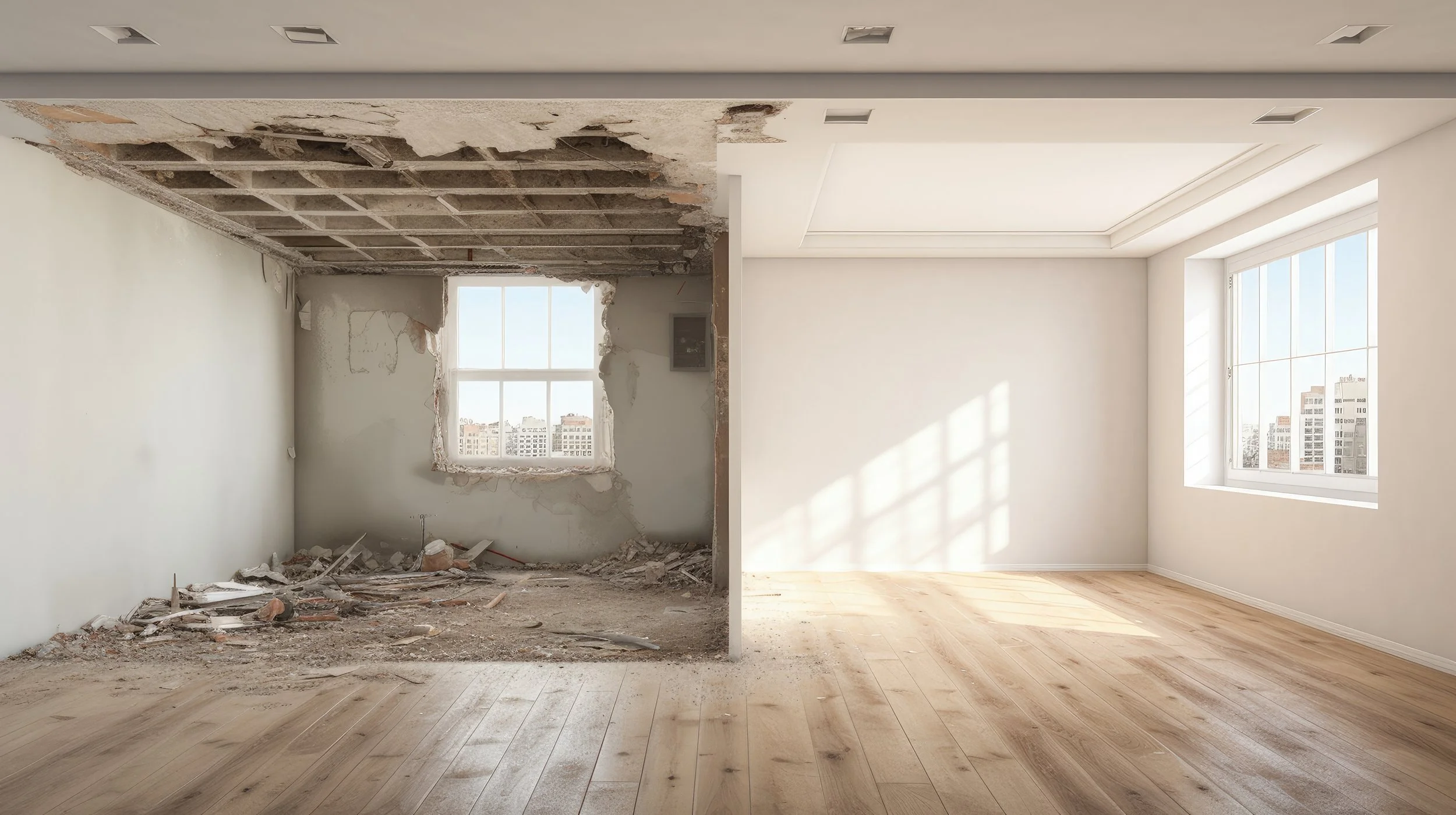 A side-by-side comparison of two rooms in the process of renovation. The left room has an unfinished ceiling with exposed beams and debris on the floor, while the right room has finished walls, a completed ceiling, and a large window letting in sunlight.