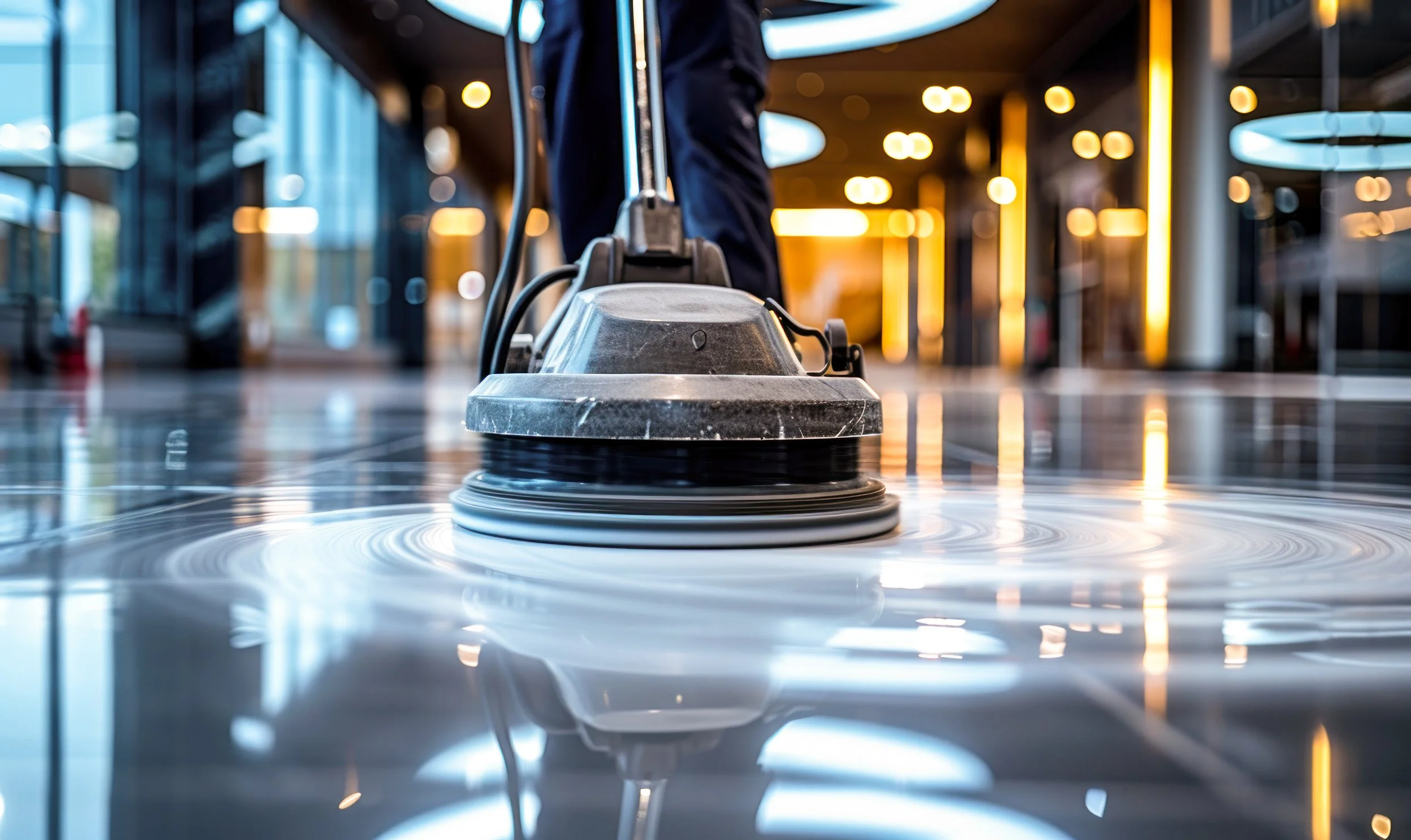 A person cleaning a shiny tiled floor with a floor buffer or polishing machine inside a modern building with glass walls and warm lighting.