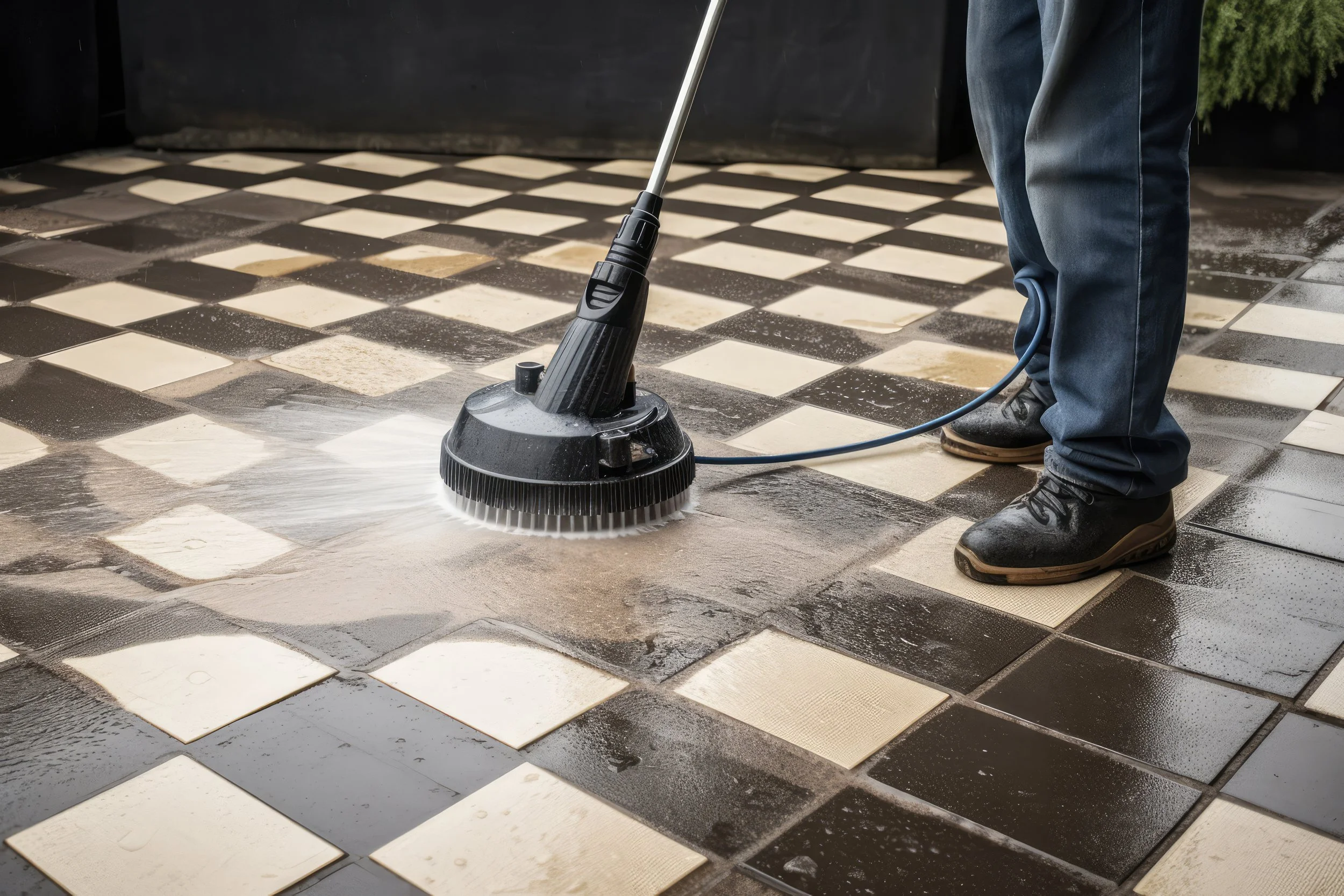 Person cleaning tiled floor with a floor scrubber.