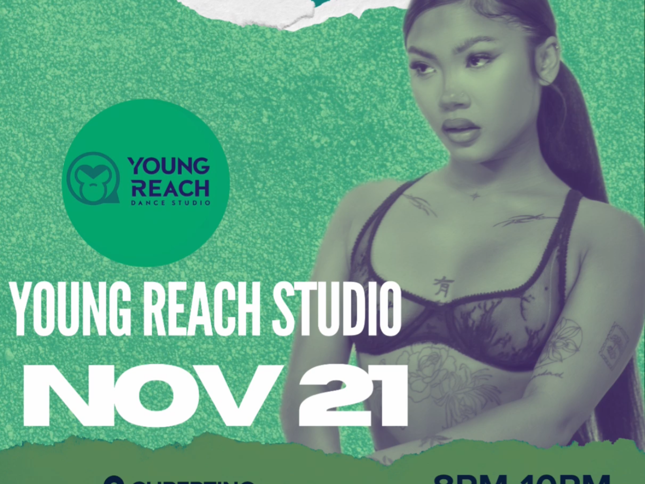 A woman with black wavy hair and tattoos on her arms, wearing a white sleeveless top and baggy blue jeans, standing against a plain white background with her hands on her head. The logo of Young Reach Dance Studio is visible in the lower left corner.