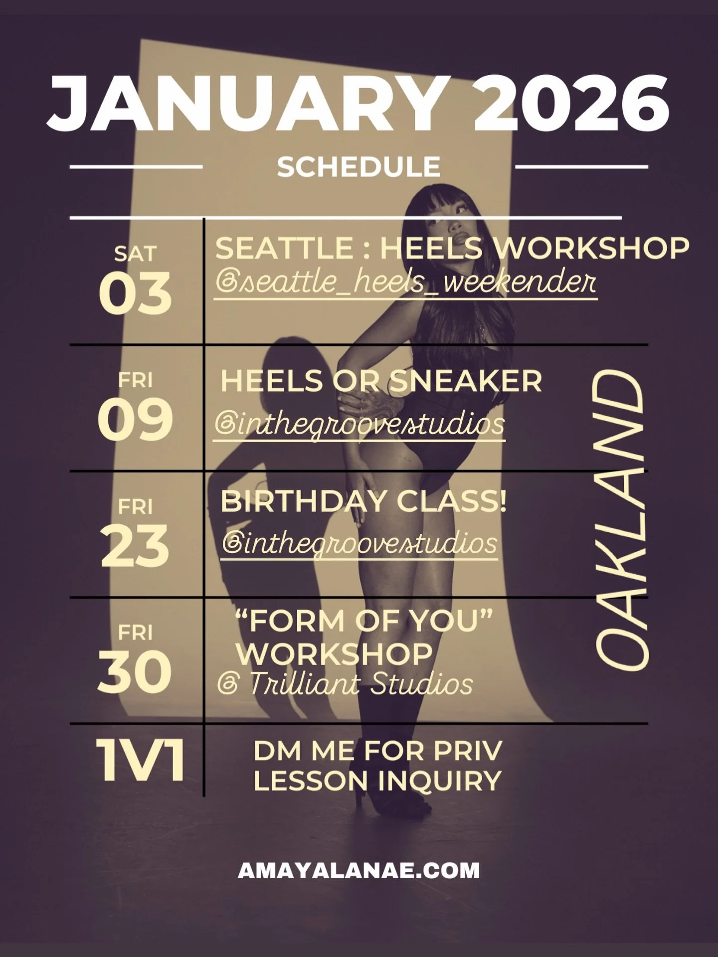 4 Classes ON THE BOARD 📌
3 in the Bay Area! (Oakland)
2  At @inthegroovestudios 
1 Three Hour Workshop
0 Time to waste . limited early bird tix🏁GOOO!! 

Register on amayalanae.com 💫

#danceclass #bayarea #heelsclass #inthegroove #oakland