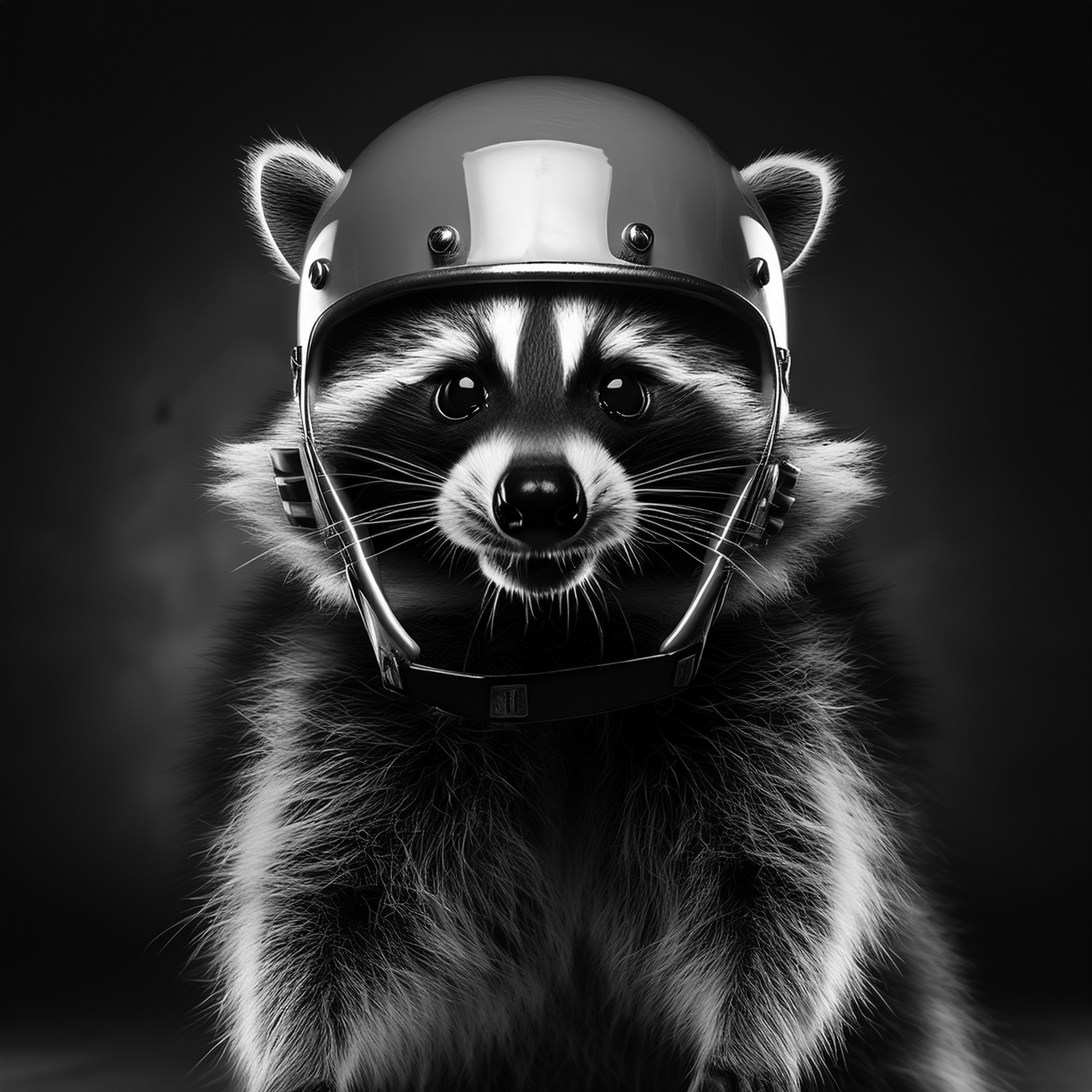 Black and white photo of a raccoon wearing an astronaut helmet.