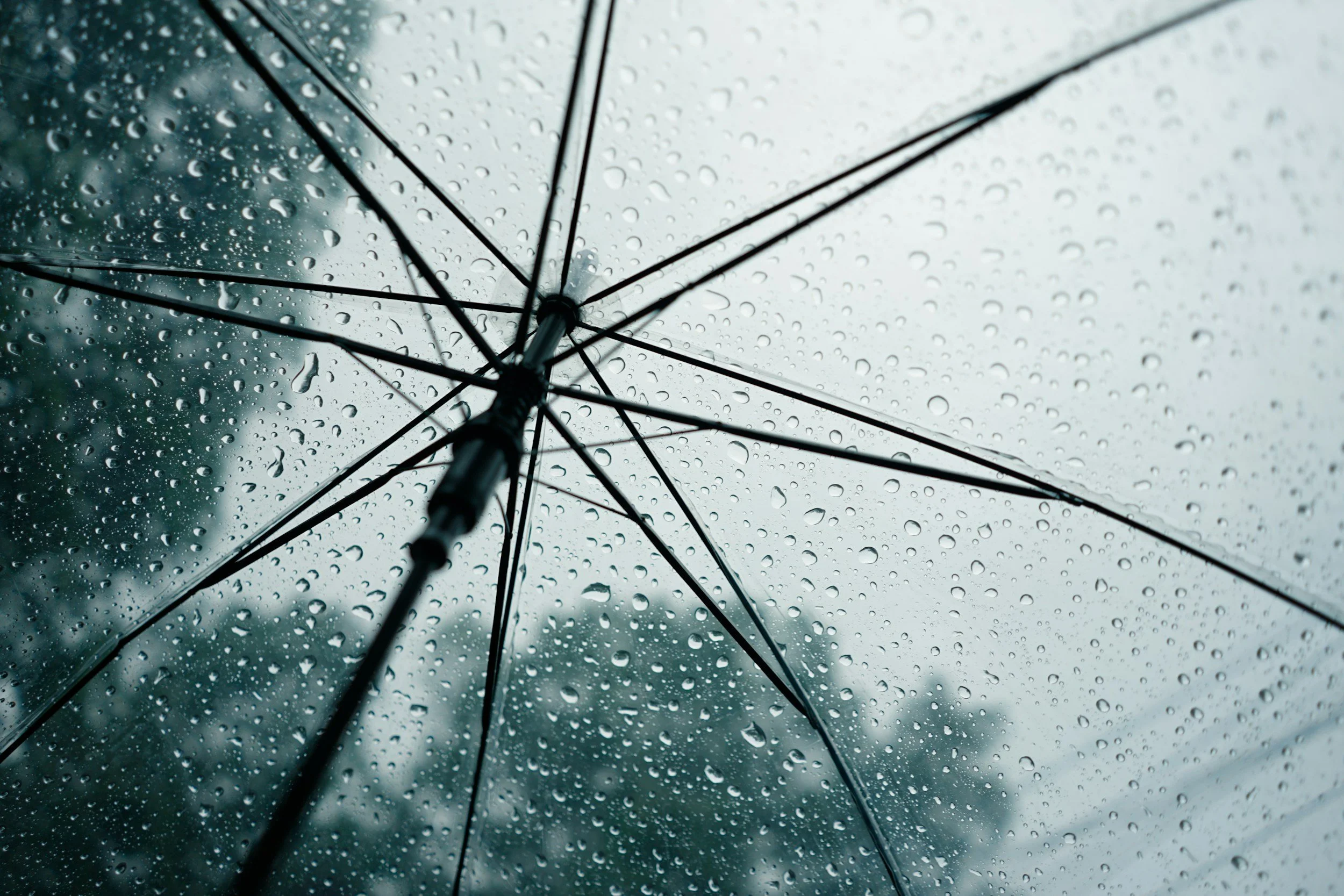 Open umbrella with raindrops on it, viewed from underneath against a rainy cloudy sky.