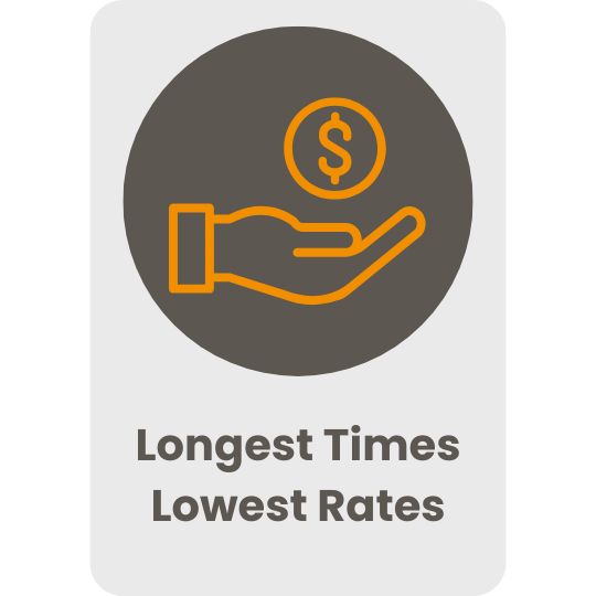 An icon of a hand with a dollar sign above it, indicating financial savings, with the text "Longest Times Lowest Rates" below.