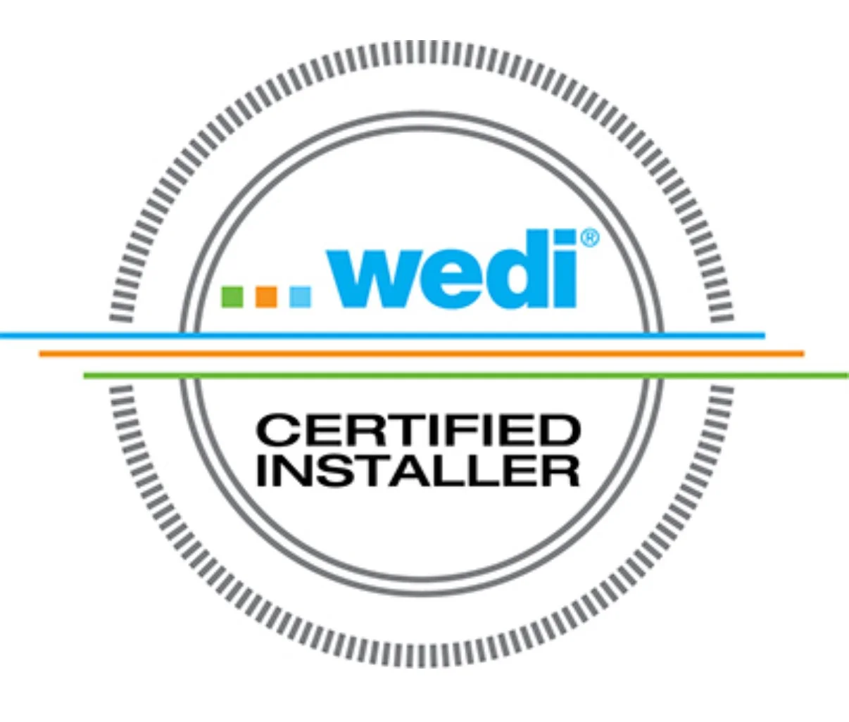 Wedi Certified Installer badge with a circular design, blue 'wedi' logo, black text reading 'Certified Installer', and green and orange lines crossing horizontally.