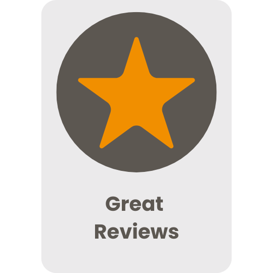 Badge with a gold star in a gray circle and the text 'Great Reviews' beneath