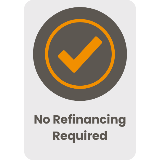 Icon of a checkmark inside a circle with text 'No Refinancing Required' beneath it.