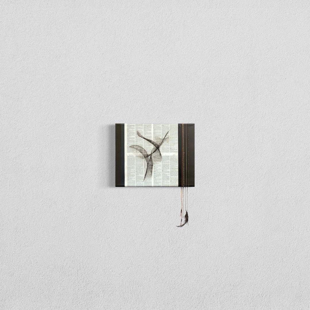 

As yet Unknown | paper, ink, charcoal, tape, chain and feather | 2019 | 10 x 10 in