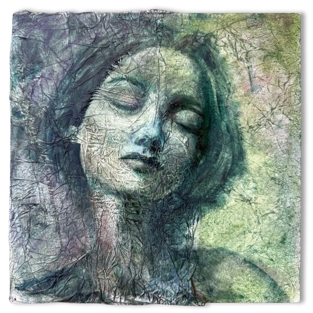   Máthair    —  oil, cold wax, hair, 23.5k gold leaf and parchment on panel | 2025