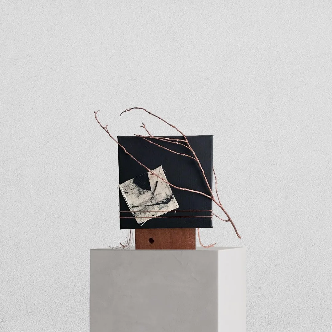 

Visage II: On The Edge of Darkness | oil, thread, branch, wood block, canvas | 2019 | 17 x 17 x 6 in