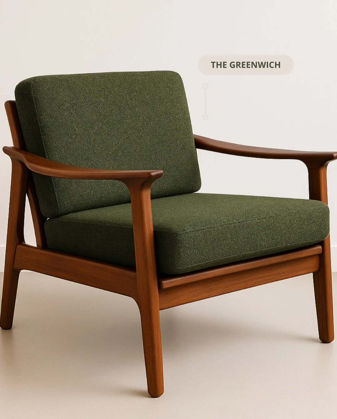 The Greenwich Chair. 

One of ours - a signature design refined over years of making, shaped here in the Avondale workshop.

Solid timber frame, sculpted arms, upholstered in a deep green blend. Like every piece in the Finewood Collection, it can be 