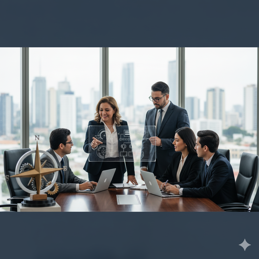 Grupo de cinco personas en una sala de reuniones moderna con vista a la ciudad, trabajando con laptops y presentando un holograma transparente con gráficos y diagramas.
