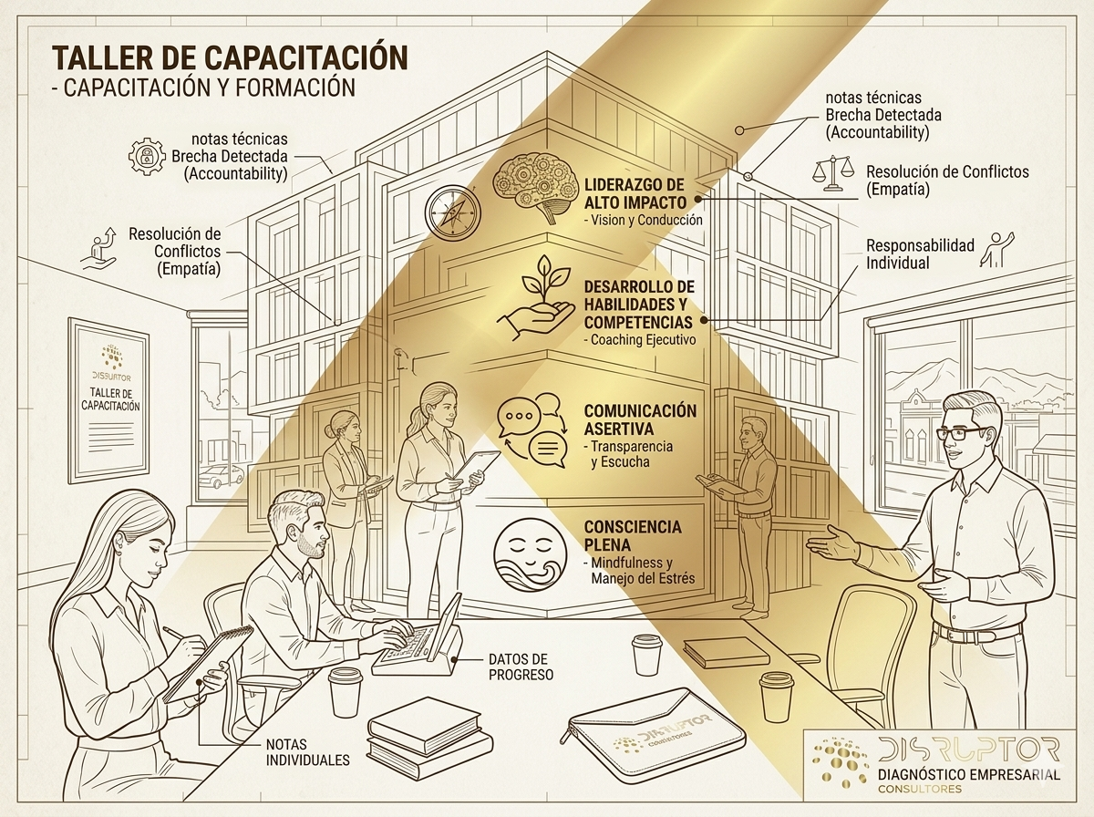 Plano de un taller de capacitación empresarial, con diagramas y notas sobre liderazgo, habilidades, comunicación y conciencia plena, en un espacio de oficina con personas participando, escritorios con notas y laptops.