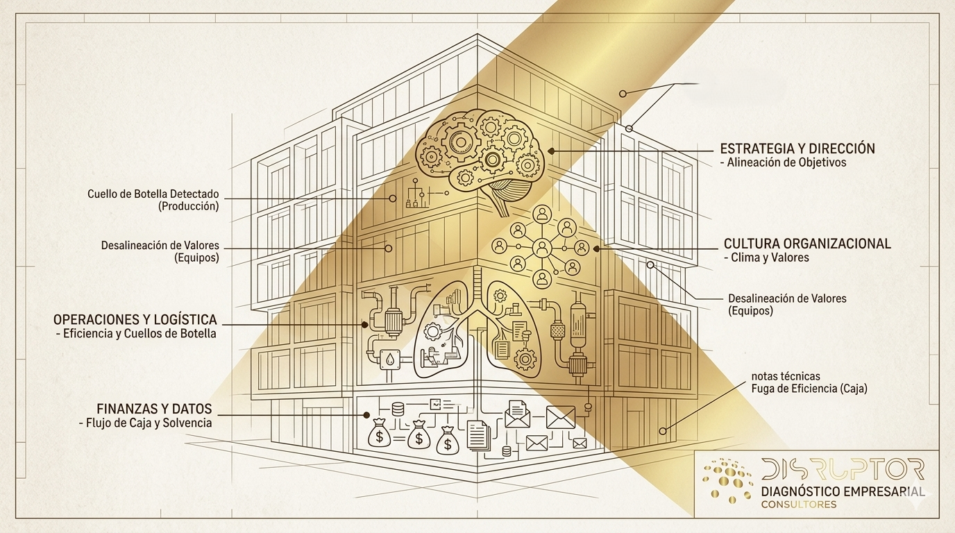 Esquema de una oficina con varias secciones, incluyendo estrategia y dirección, cultura organizacional, operaciones y logística, finanzas y datos, con diagramas, engranajes, y notas técnicas, relacionado con diagnóstico empresarial.