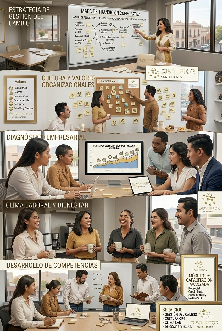 En la primera sección, una mujer presenta un mapa de transición corporativa en una reunión de oficina. La segunda sección muestra un grupo de personas discutiendo los valores culturales y organizacionales en una pared con notas adhesivas. La tercera parte muestra un equipo en una reunión analizando un perfil de solvencia y liquidez en una pantalla. La cuarta parte presenta un grupo en una cocina, sonriendo y tomando café, promoviendo un ambiente laboral positivo. La última sección muestra una reunión con varias personas, con un cartel de módulos de capacitación avanzada y servicios ofrecidos en la pared.