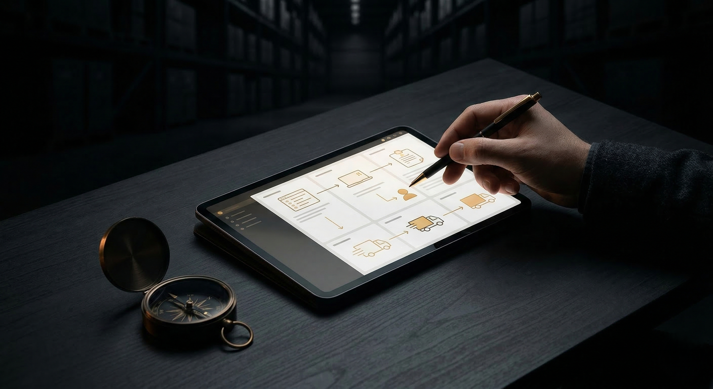Persona usando un tablets con un diagrama de flujo sobre logística y transporte, mostrando mucha tecnología.