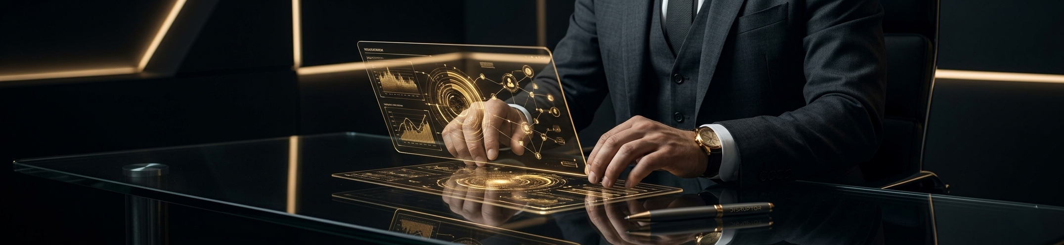 Persona en traje usando una interfaz holográfica de datos y gráficos en una mesa de vidrio, con mucha personalidad mostrando éxito
