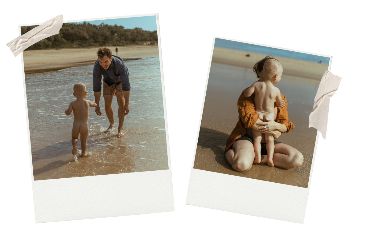 A collage of two photos of a beach scene. The left photo shows a man and a young child, both naked, playing and walking in shallow water at the beach with trees in the background. The right photo shows a woman sitting on the sand, holding a small child, both facing away from the camera, with the ocean in the background.
