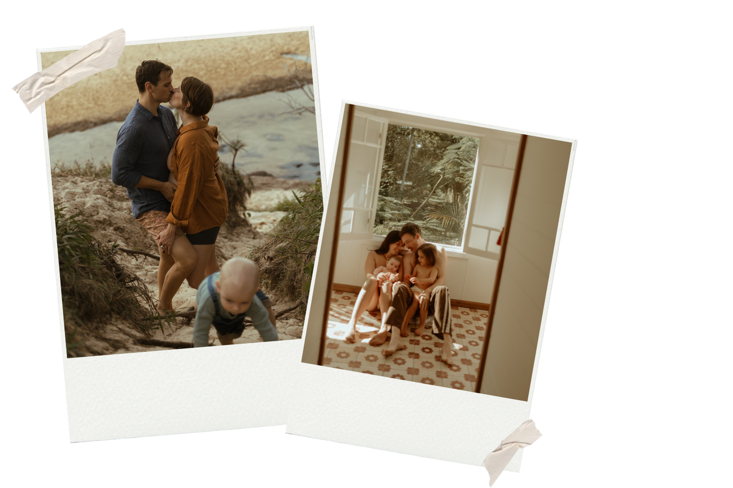 Two photos of families, one on a beach with a couple kissing and a baby crawling nearby, the other of a woman with three children sitting on a windowsill inside a house.