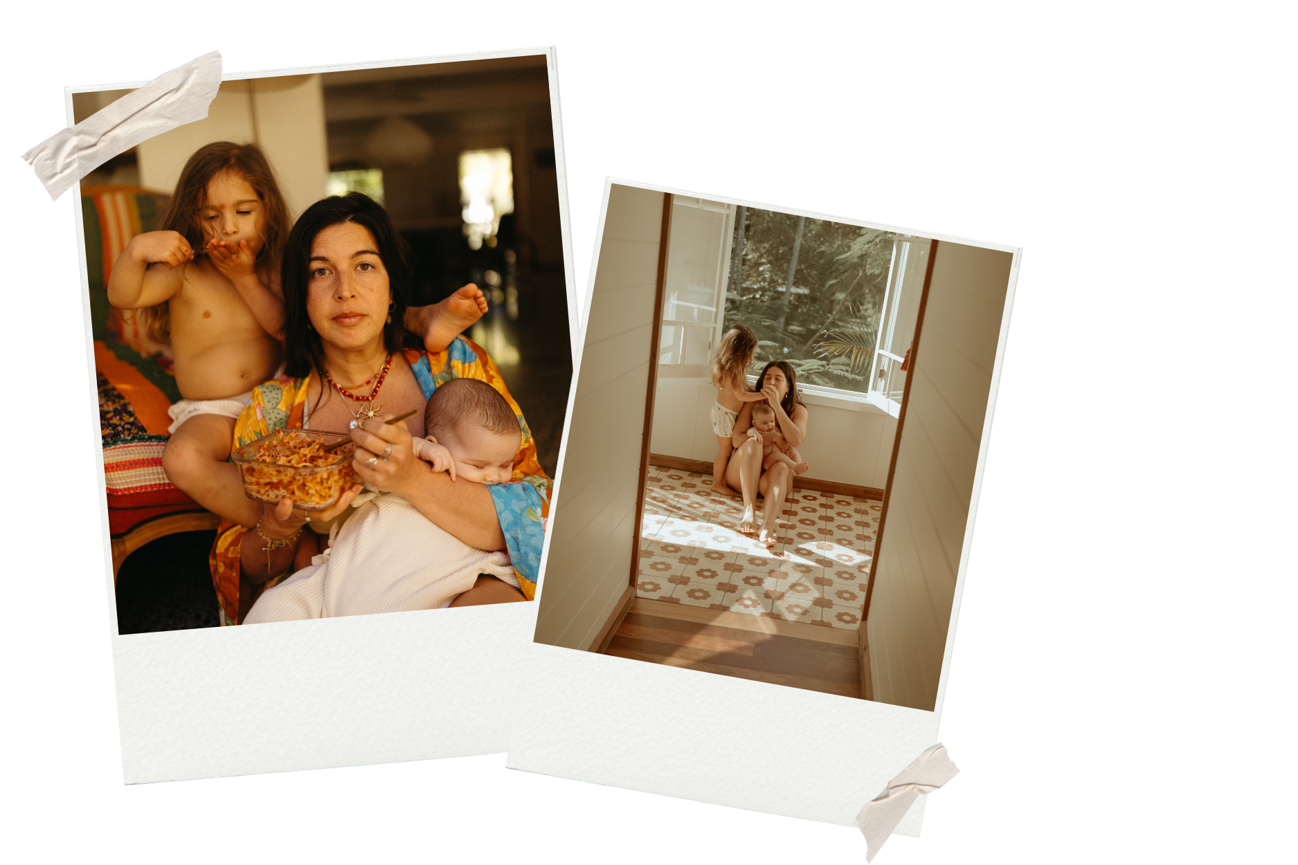 Two overlapping photos of a woman with long dark hair and two young girls, one with long hair, in a cozy home setting, with one girl sitting on the woman's lap and the other standing beside them, all engaging with each other.